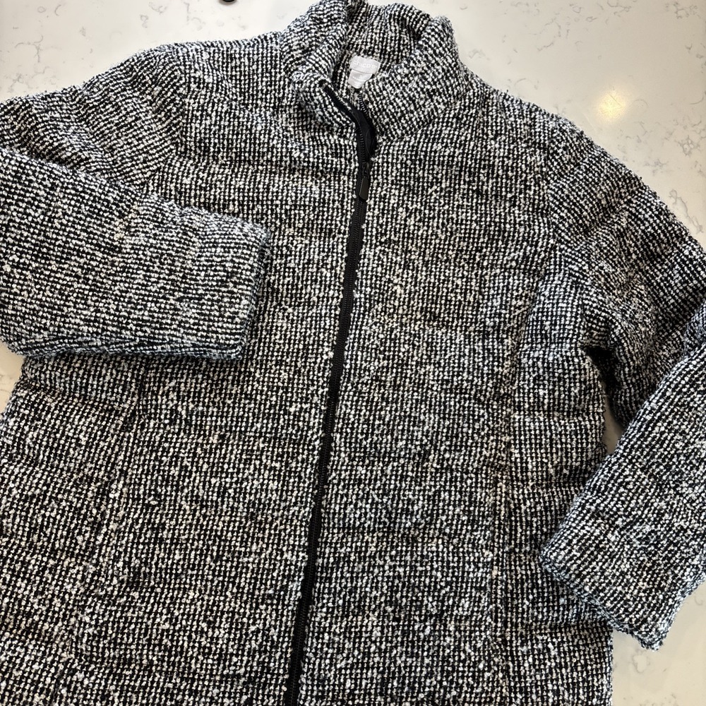 Chicos Tweed Coat Womens XL Black White‎ Textured Pocket Mock Neck Zipper Lined
